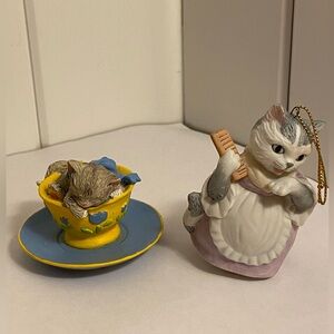 Vintage Schmd cat ornament kitty  cucumber FW Co kitten in teacup figurine 90s